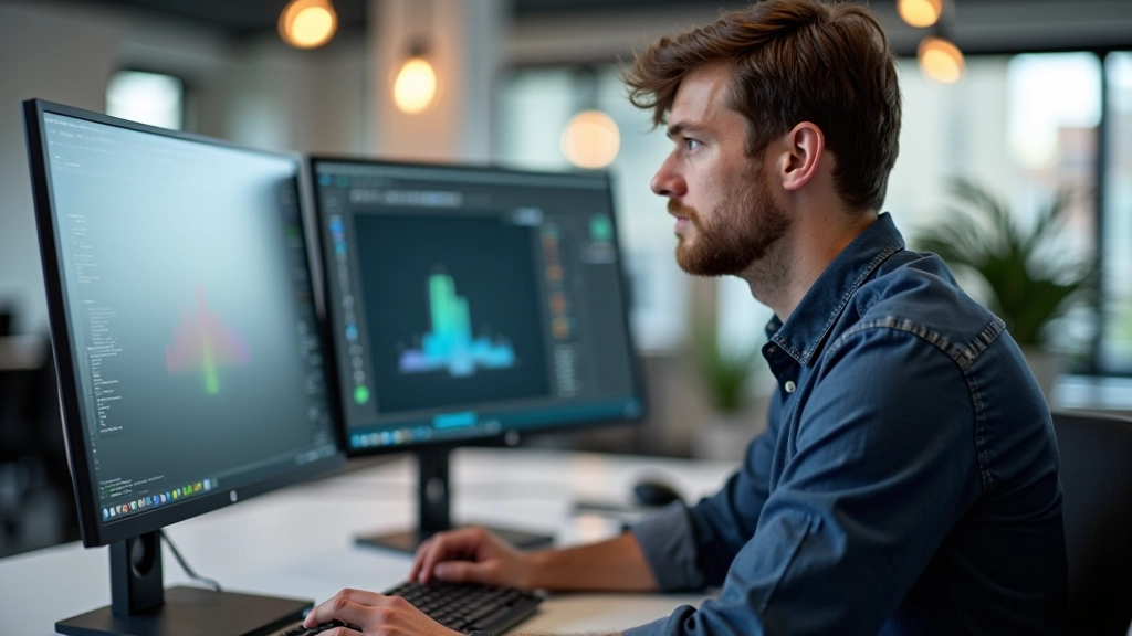 Designer working on interface animations in a modern workspace with design software open