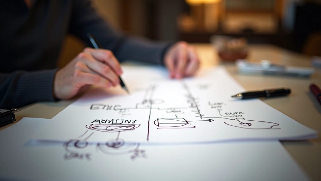 Designer sketching animation timeline on paper with various scroll trigger points marked and annotated
