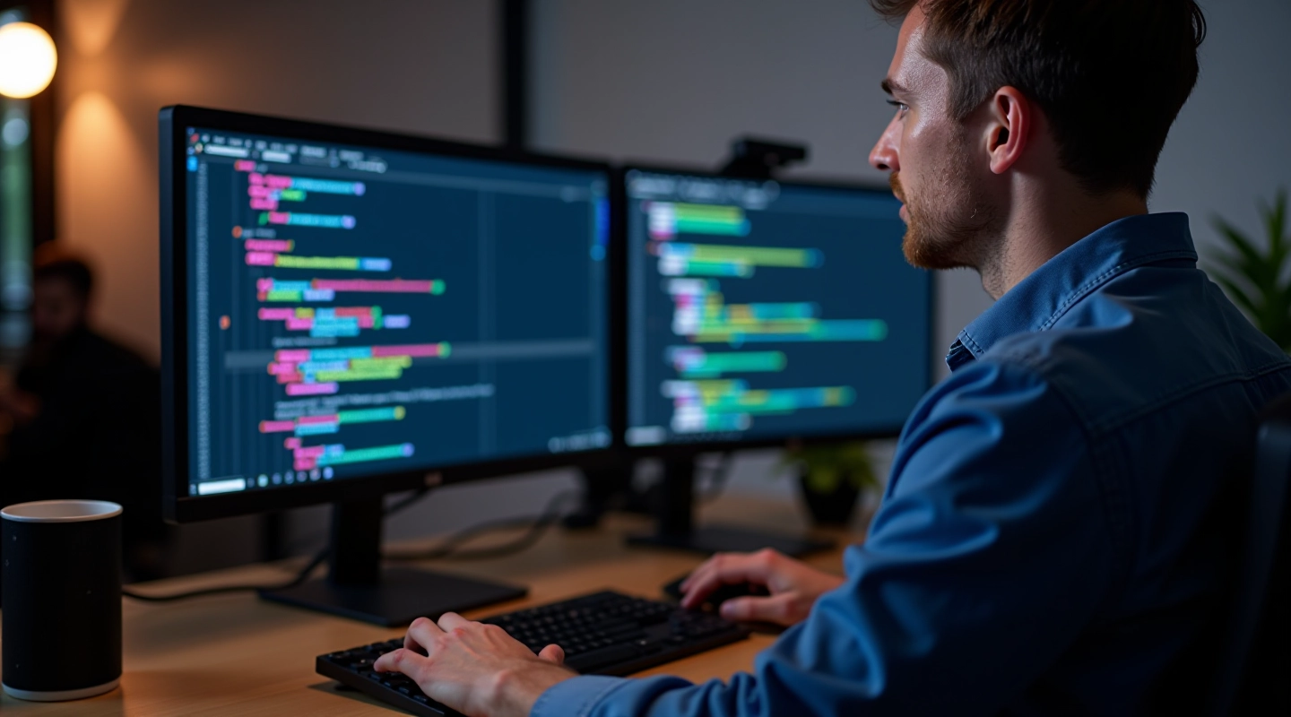 Developer workspace with dual monitors showing animated CSS transitions and motion design elements