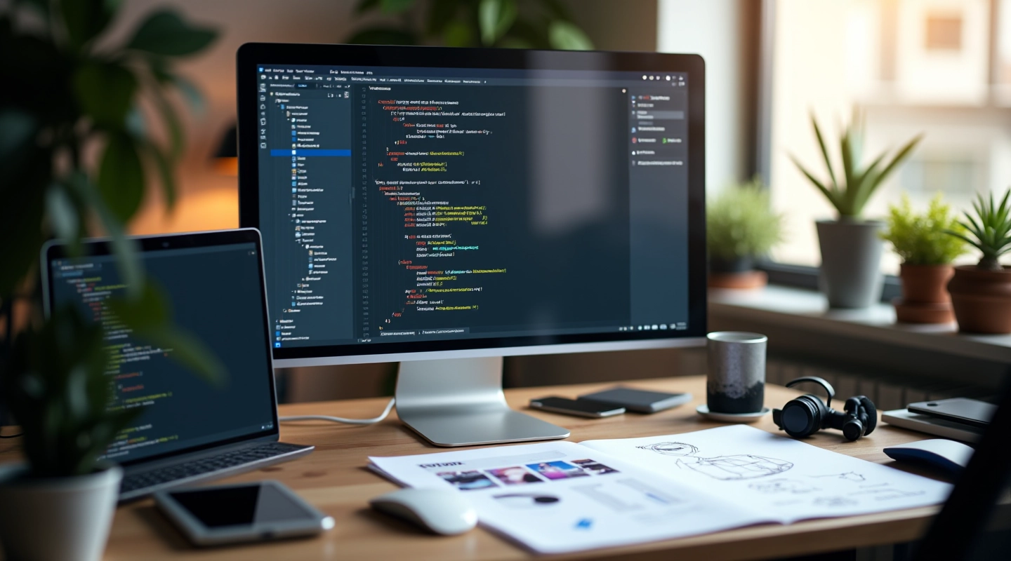 Modern development workspace with animation design materials